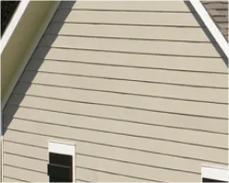 Tan vinyl siding and white trim on a gable